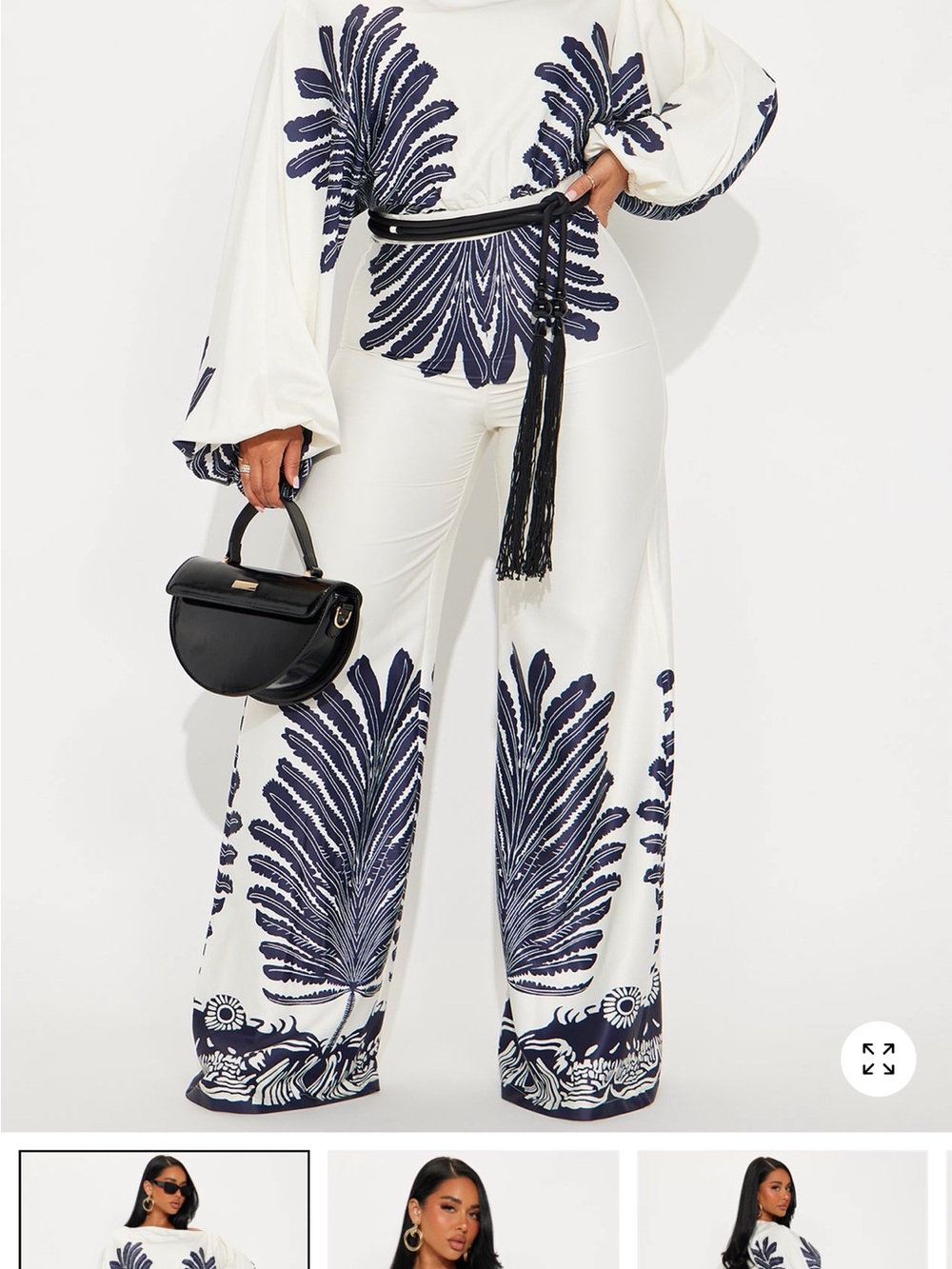 White Wide-Leg Printed Jumpsuit with Navy Motif